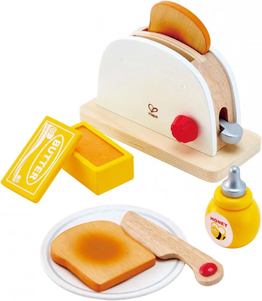 Hape White Wooden Pop-Up Toaster Set Pretend Play Breakfast Accessories for Preschoolers