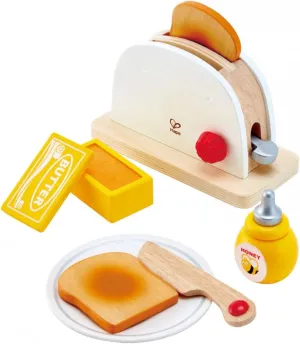 Hape White Wooden Pop-Up Toaster Set Pretend Play Breakfast Accessories for Preschoolers