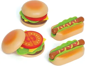 Hape Wooden Hamburger and Hot Dogs| Pretend Play Fast Food Set for Toddlers Age 3Y 