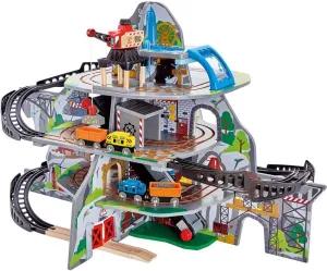 Hape Wooden Railway Mighty Mountain Mine Railway Playset| 4-Level Railway Train Track Playset with Crane and Magnetic Train Cars for Kids