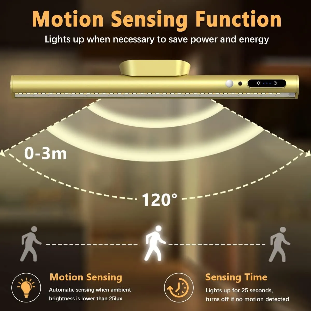 Hapfish Motion Sensor LED Light Bar Indoor, Rechargeable Under Cabinet Lighting Wireless, Magnetic Battery Powered Operated Wall Strip Lights with Remote Control for Picture Mirror Closet Room –Gold