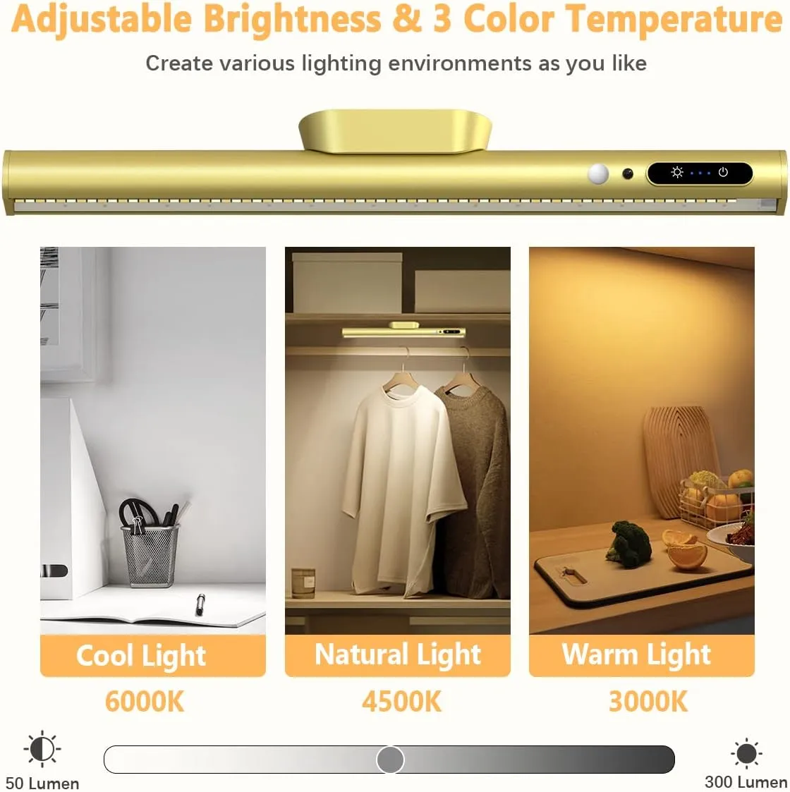 Hapfish Motion Sensor LED Light Bar Indoor, Rechargeable Under Cabinet Lighting Wireless, Magnetic Battery Powered Operated Wall Strip Lights with Remote Control for Picture Mirror Closet Room –Gold