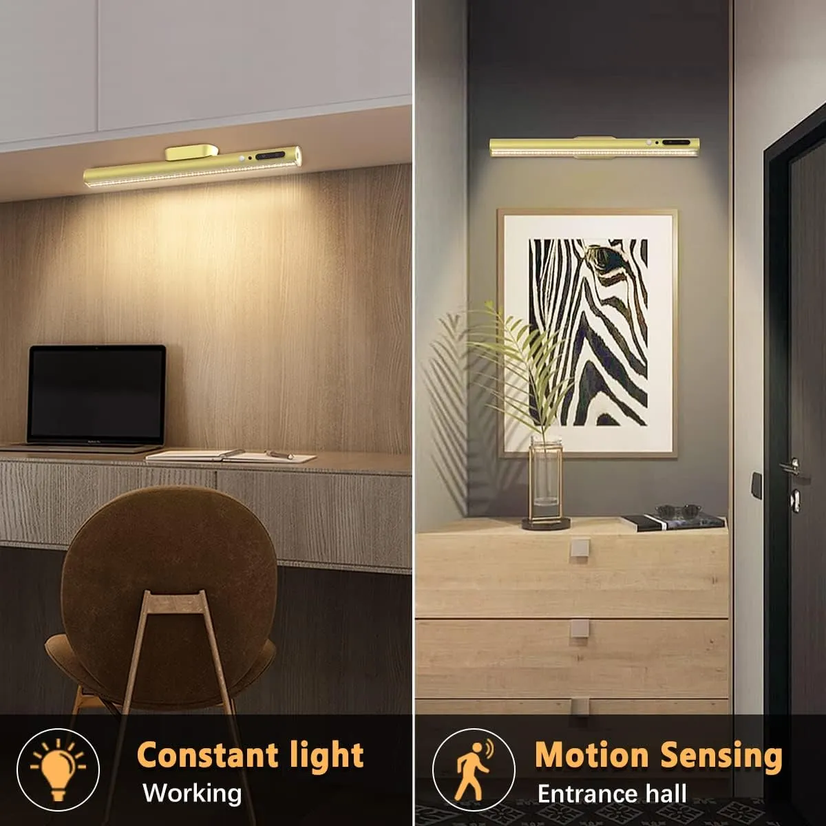 Hapfish Motion Sensor LED Light Bar Indoor, Rechargeable Under Cabinet Lighting Wireless, Magnetic Battery Powered Operated Wall Strip Lights with Remote Control for Picture Mirror Closet Room –Gold