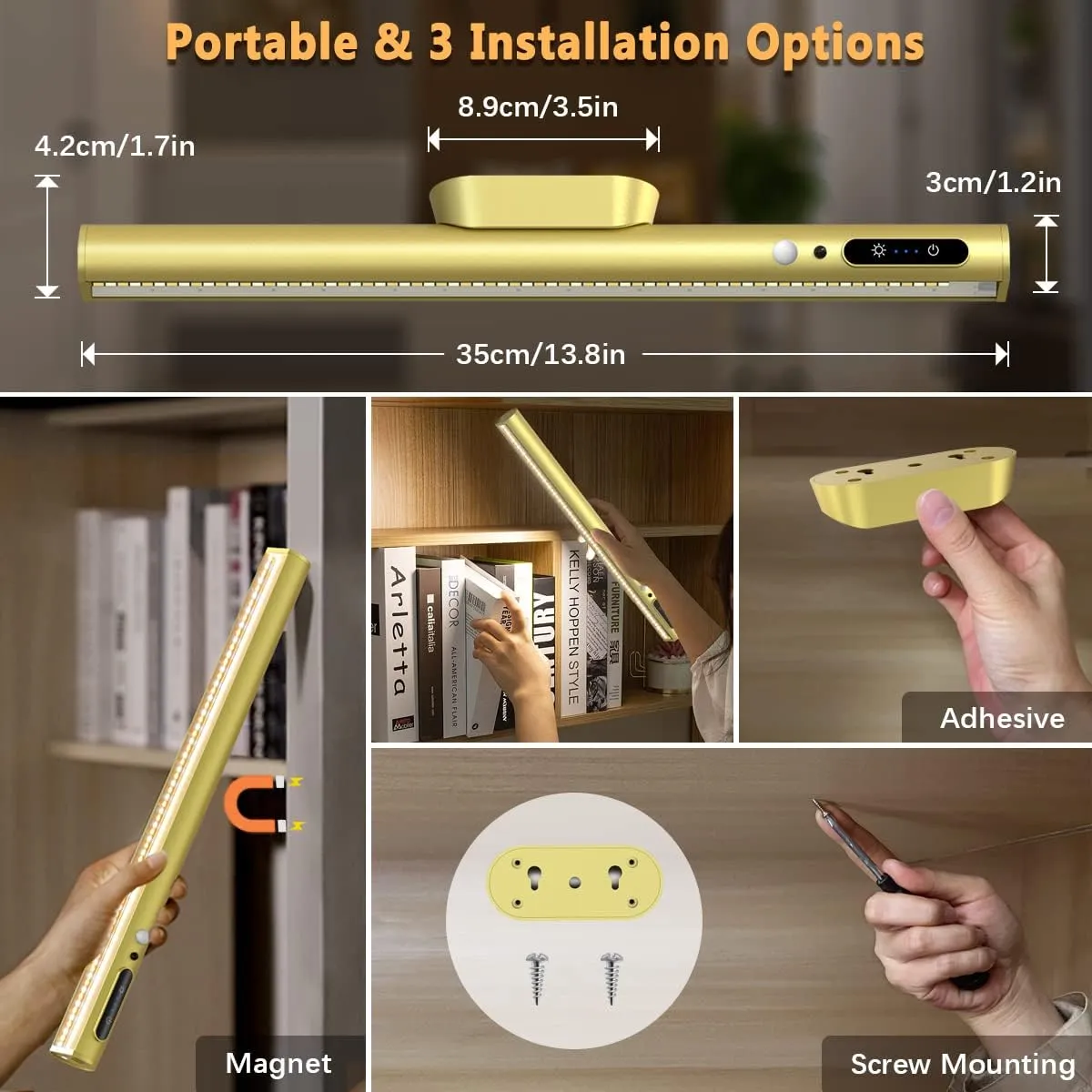 Hapfish Motion Sensor LED Light Bar Indoor, Rechargeable Under Cabinet Lighting Wireless, Magnetic Battery Powered Operated Wall Strip Lights with Remote Control for Picture Mirror Closet Room –Gold