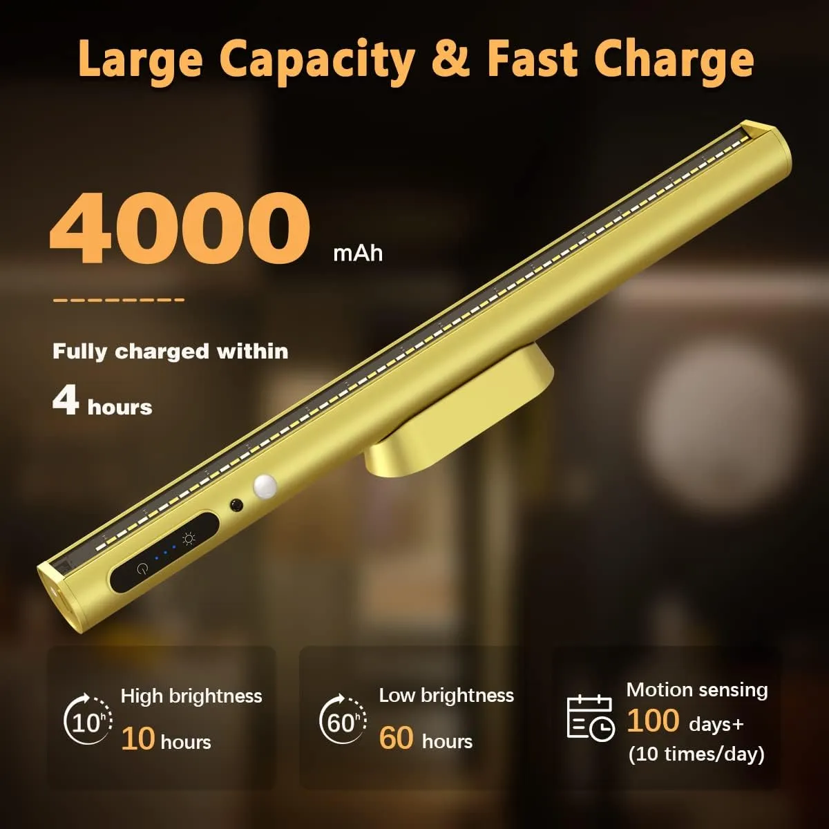Hapfish Motion Sensor LED Light Bar Indoor, Rechargeable Under Cabinet Lighting Wireless, Magnetic Battery Powered Operated Wall Strip Lights with Remote Control for Picture Mirror Closet Room –Gold