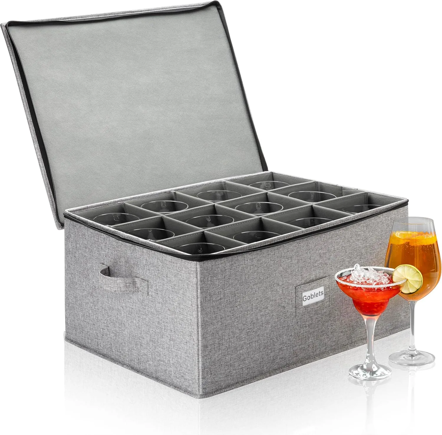 Hard Shell Goblets Storage Box with Dividers - 21"W x 15.5"D x 10"H - Stackable with Fully Padded Interior - Great for Cocktail and Wide Bar Glasses