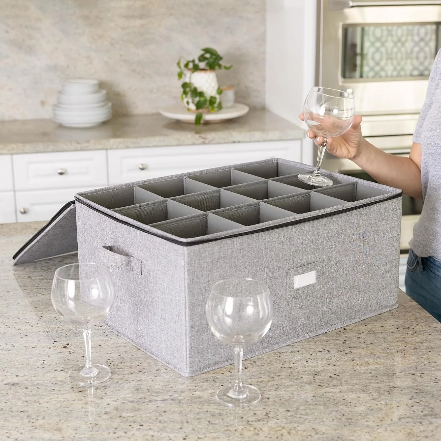 Hard Shell Goblets Storage Box with Dividers - 21"W x 15.5"D x 10"H - Stackable with Fully Padded Interior - Great for Cocktail and Wide Bar Glasses