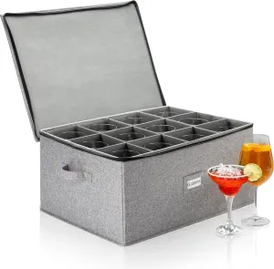Hard Shell Goblets Storage Box with Dividers - 21"W x 15.5"D x 10"H - Stackable with Fully Padded Interior - Great for Cocktail and Wide Bar Glasses