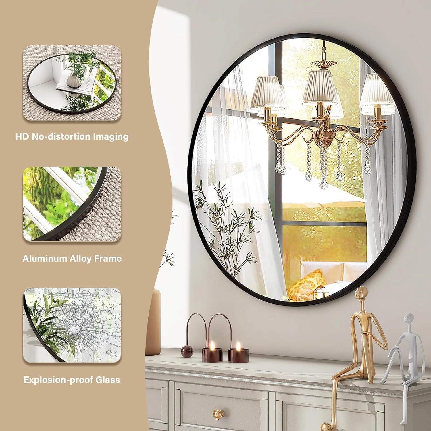 HARRITPURE Round Mirror 30 Black Wall Mounted Circle Mirrors Vanity Mirror with Brushed Aluminum Alloy Frame Modern Decoration for Bathroom, Living Room, Vanity, Bedroom, Entryway
