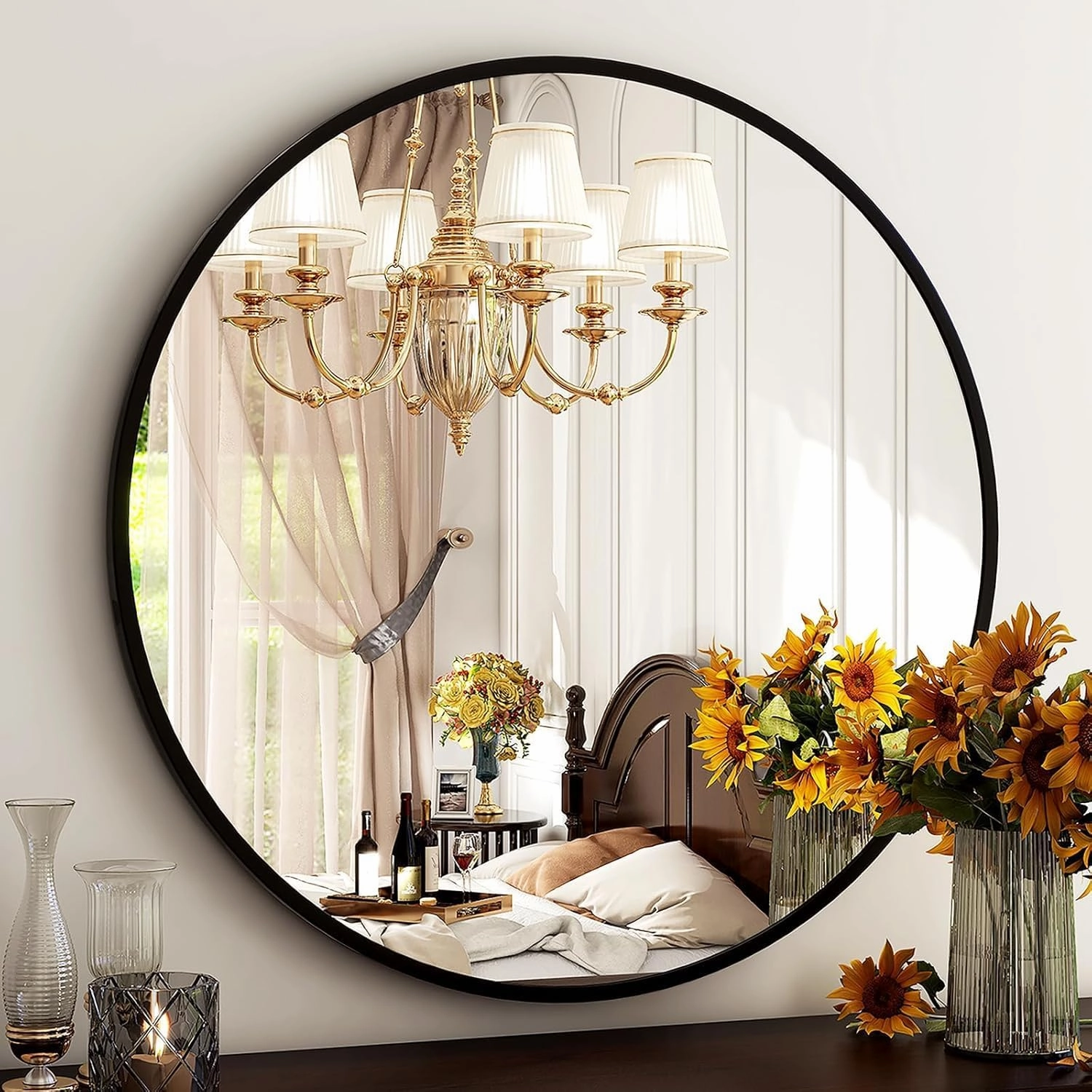 HARRITPURE Round Mirror 30 Black Wall Mounted Circle Mirrors Vanity Mirror with Brushed Aluminum Alloy Frame Modern Decoration for Bathroom, Living Room, Vanity, Bedroom, Entryway
