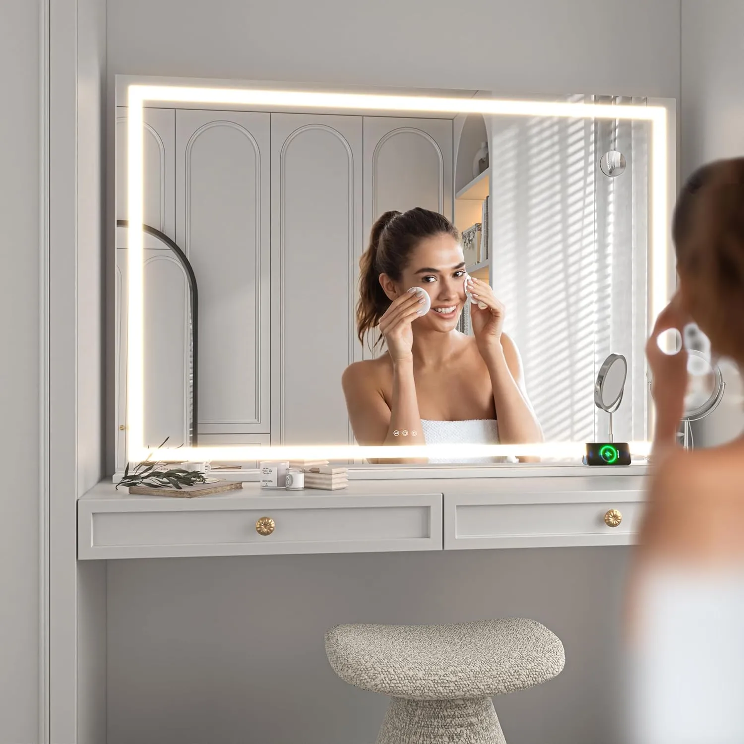 Hasipu Vanity Mirror with Lights, 42" x 30" LED Makeup Mirror, Lighted Makeup Mirror with Dimmable 3 Modes, Touch Screen Control Vanity Mirror Square White