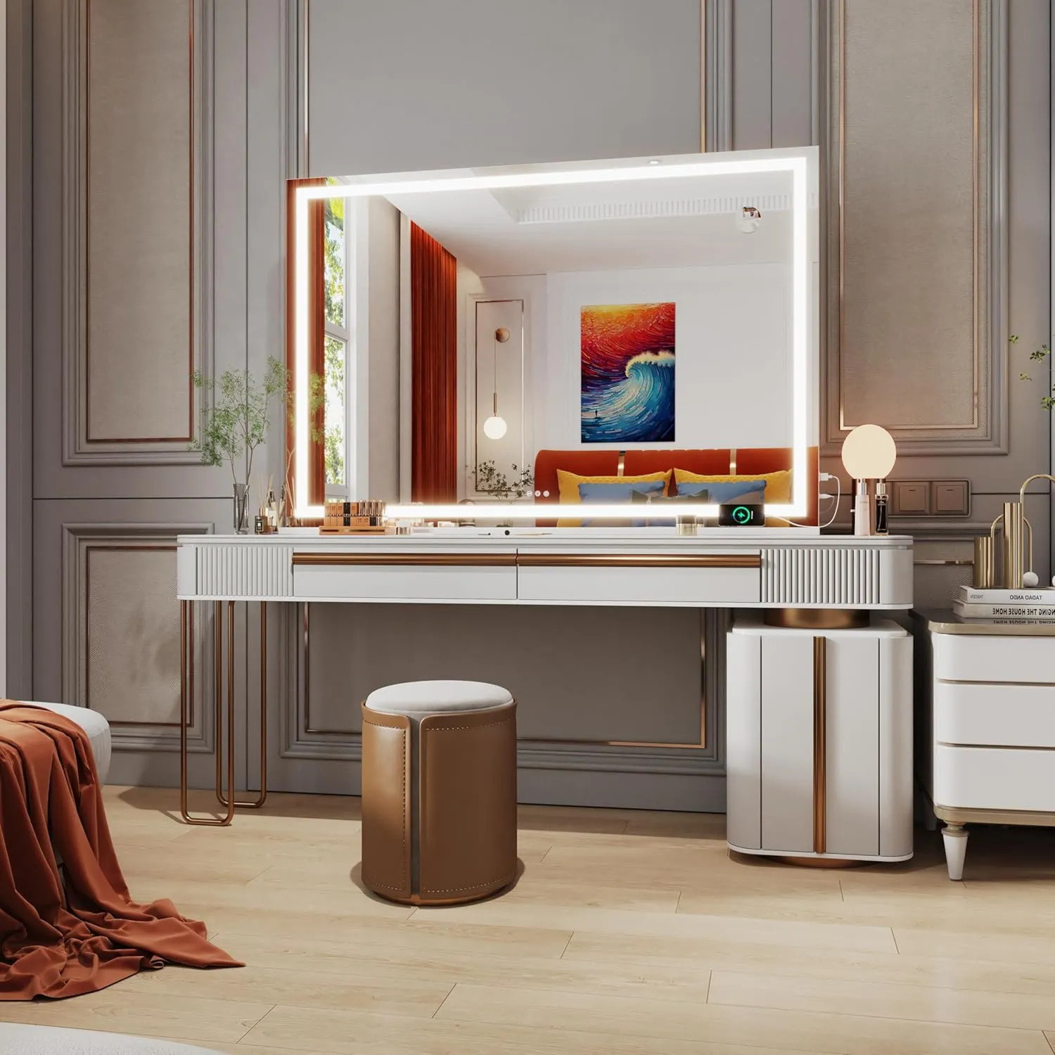Hasipu Vanity Mirror with Lights, 42" x 30" LED Makeup Mirror, Lighted Makeup Mirror with Dimmable 3 Modes, Touch Screen Control Vanity Mirror Square White