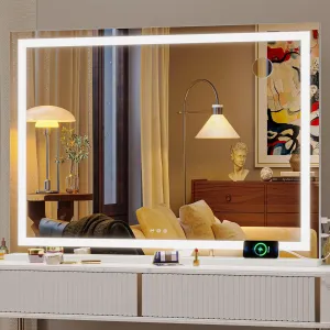 Hasipu Vanity Mirror with Lights, 42" x 30" LED Makeup Mirror, Lighted Makeup Mirror with Dimmable 3 Modes, Touch Screen Control Vanity Mirror Square White