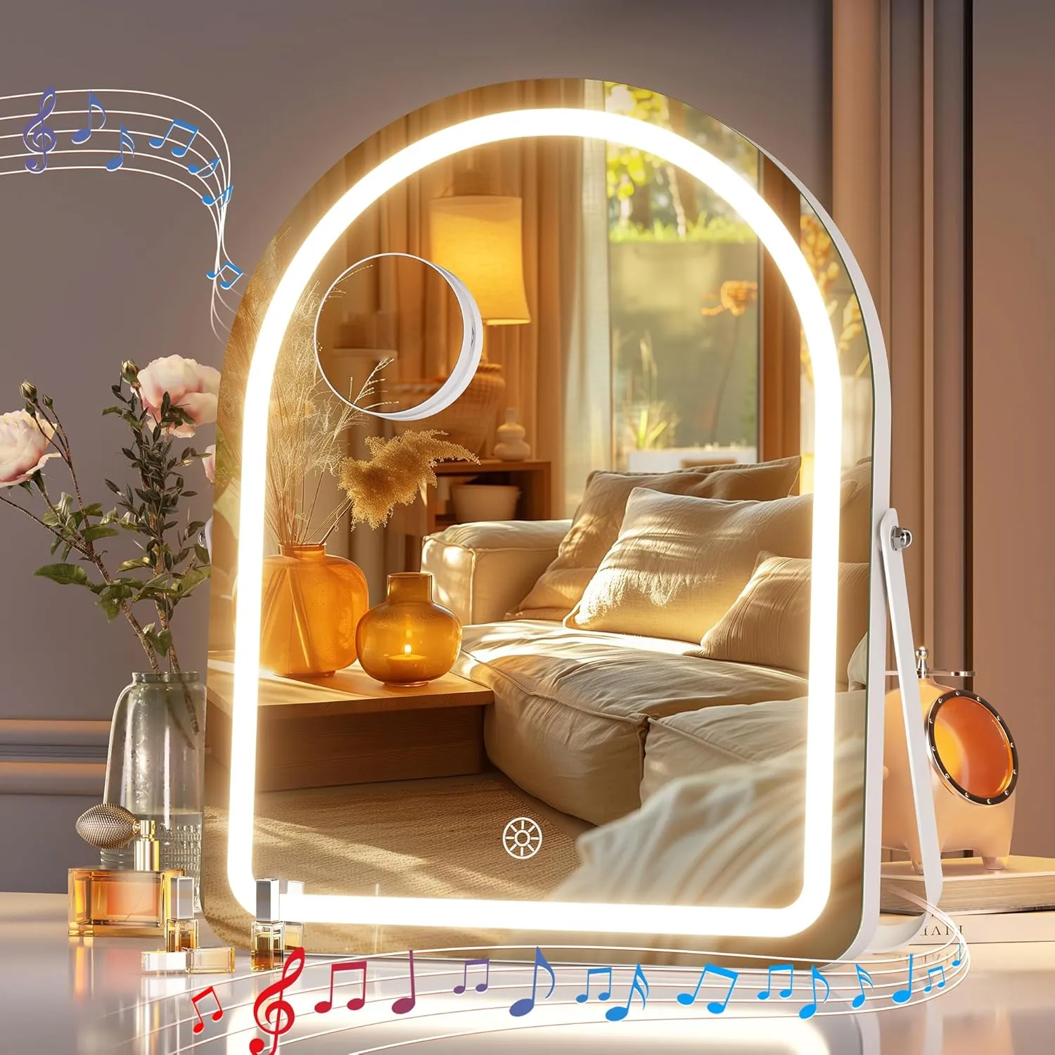 Hasipu Vanity Mirror with Lights and Bluetooth Speaker, 11.5"× 14" Arched LED Makeup Mirror, Lighted Makeup Mirror with Lights, Smart Touch Control Dimmable 3 Modes Light 360°Rotation White
