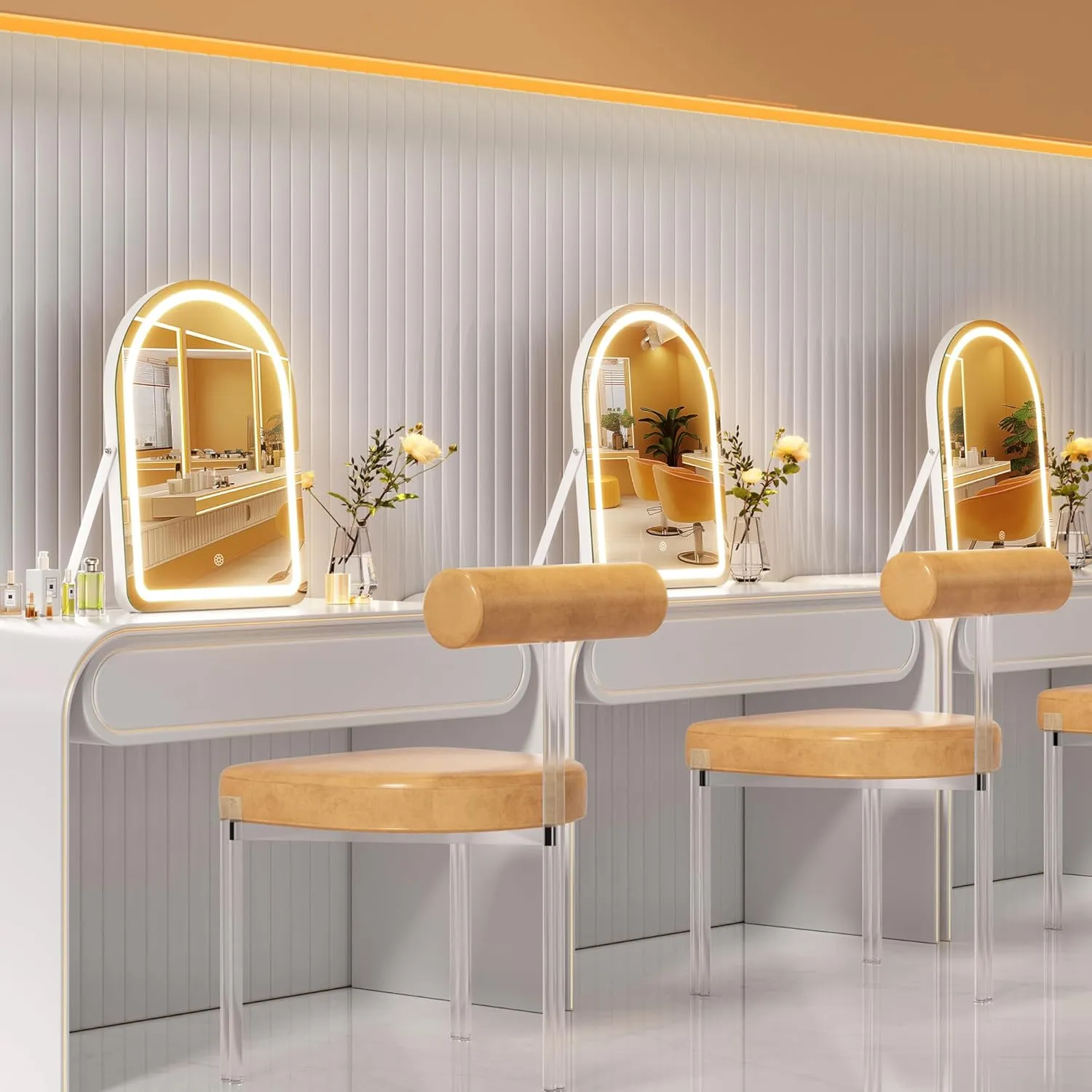 Hasipu Vanity Mirror with Lights and Bluetooth Speaker, 11.5"× 14" Arched LED Makeup Mirror, Lighted Makeup Mirror with Lights, Smart Touch Control Dimmable 3 Modes Light 360°Rotation White