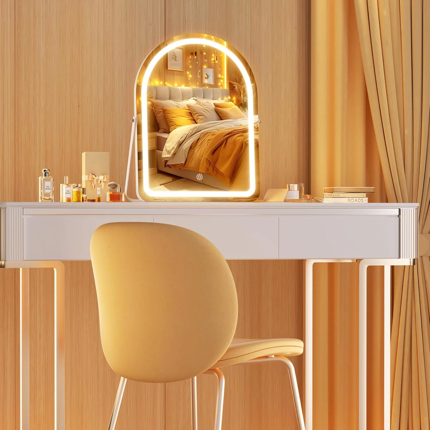 Hasipu Vanity Mirror with Lights and Bluetooth Speaker, 11.5"× 14" Arched LED Makeup Mirror, Lighted Makeup Mirror with Lights, Smart Touch Control Dimmable 3 Modes Light 360°Rotation White