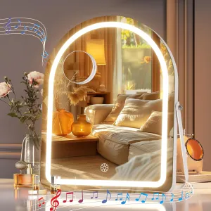 Hasipu Vanity Mirror with Lights and Bluetooth Speaker, 11.5"× 14" Arched LED Makeup Mirror, Lighted Makeup Mirror with Lights, Smart Touch Control Dimmable 3 Modes Light 360°Rotation White
