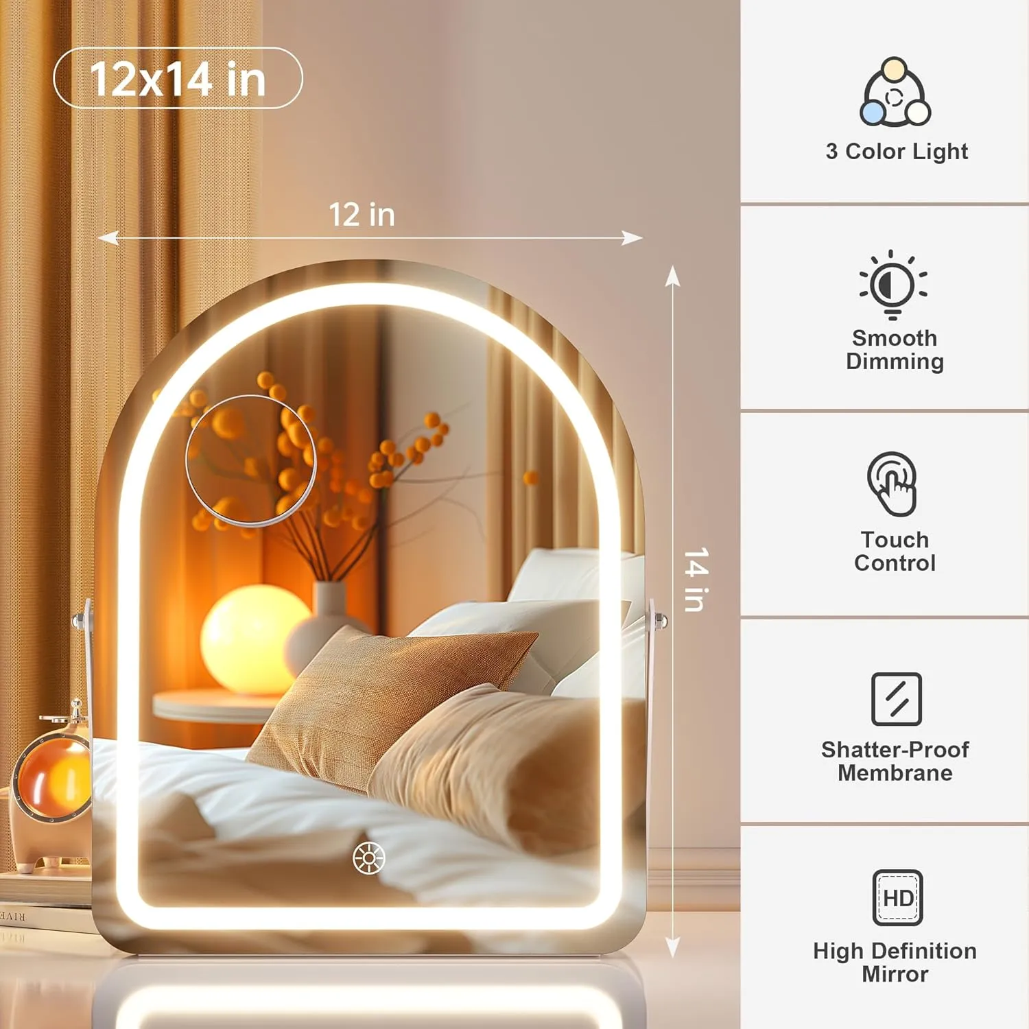 Hasipu Vanity Mirror with Lights and Bluetooth Speaker, 11.5"× 14" Arched LED Makeup Mirror, Lighted Makeup Mirror with Lights, Smart Touch Control Dimmable 3 Modes Light 360°Rotation White