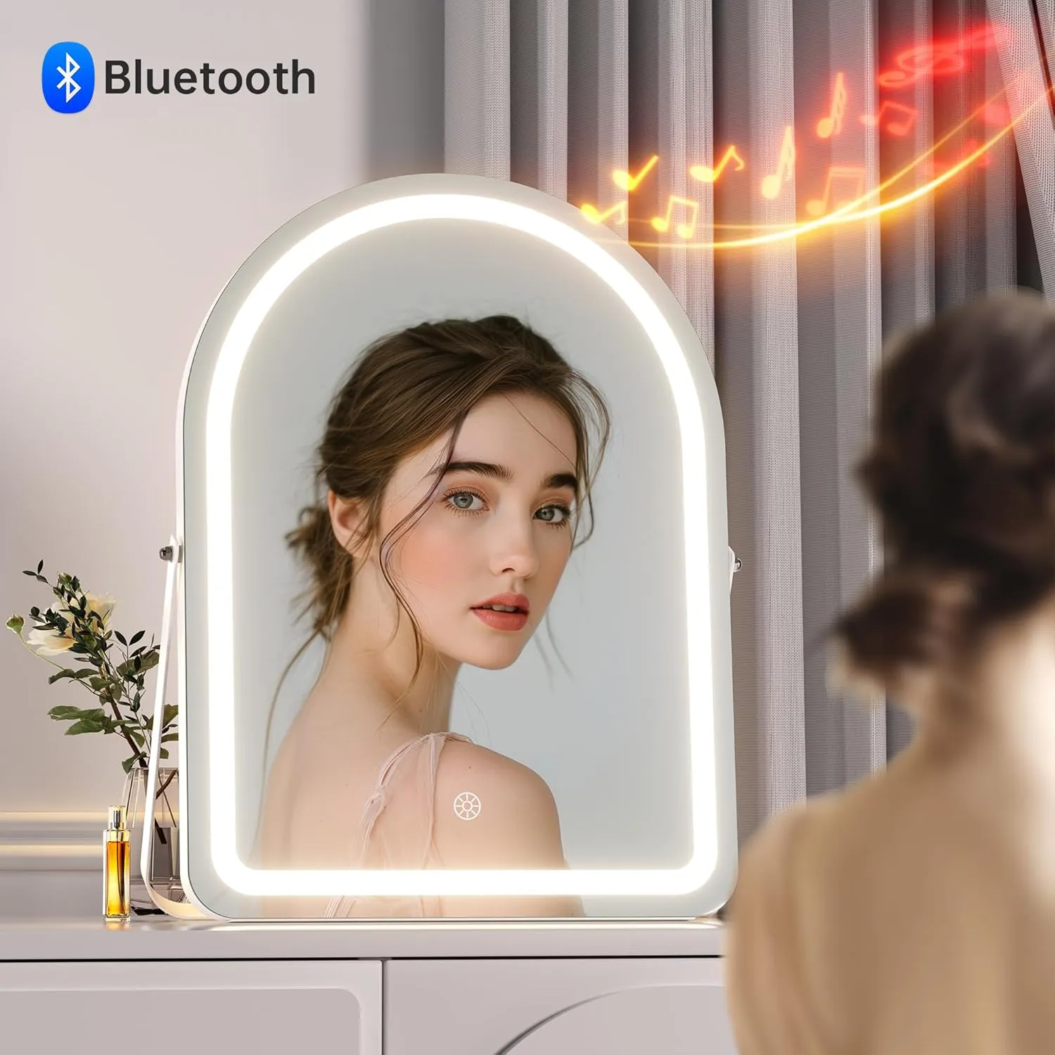 Hasipu Vanity Mirror with Lights and Bluetooth Speaker, 11.5"× 14" Arched LED Makeup Mirror, Lighted Makeup Mirror with Lights, Smart Touch Control Dimmable 3 Modes Light 360°Rotation White