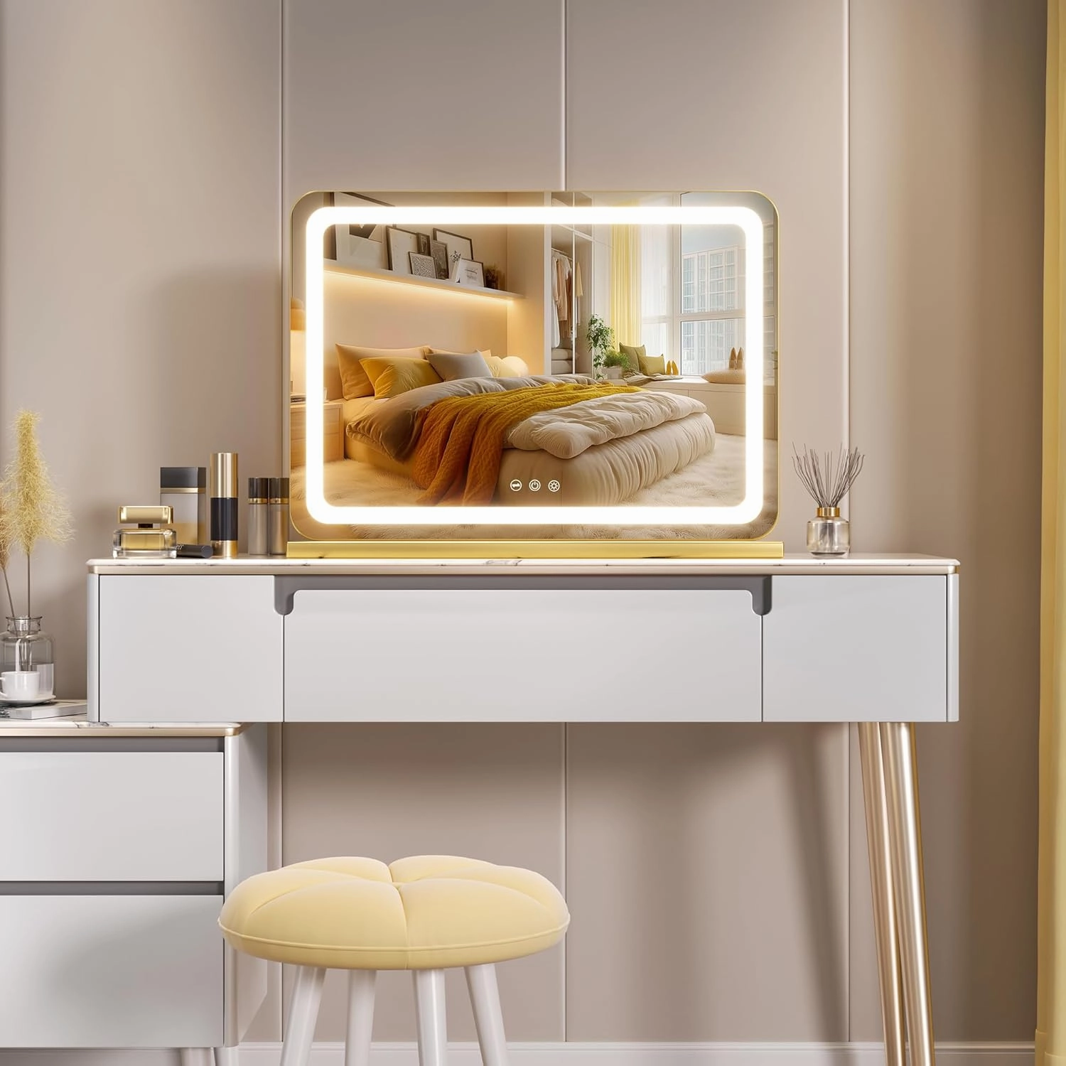 Hasipu Vanity Mirror with Lights, 22.8" x 18" LED Makeup Mirror, Lighted Makeup Mirror with Dimmable 3 Modes, Touch Screen Control Vanity Mirror Round Gold