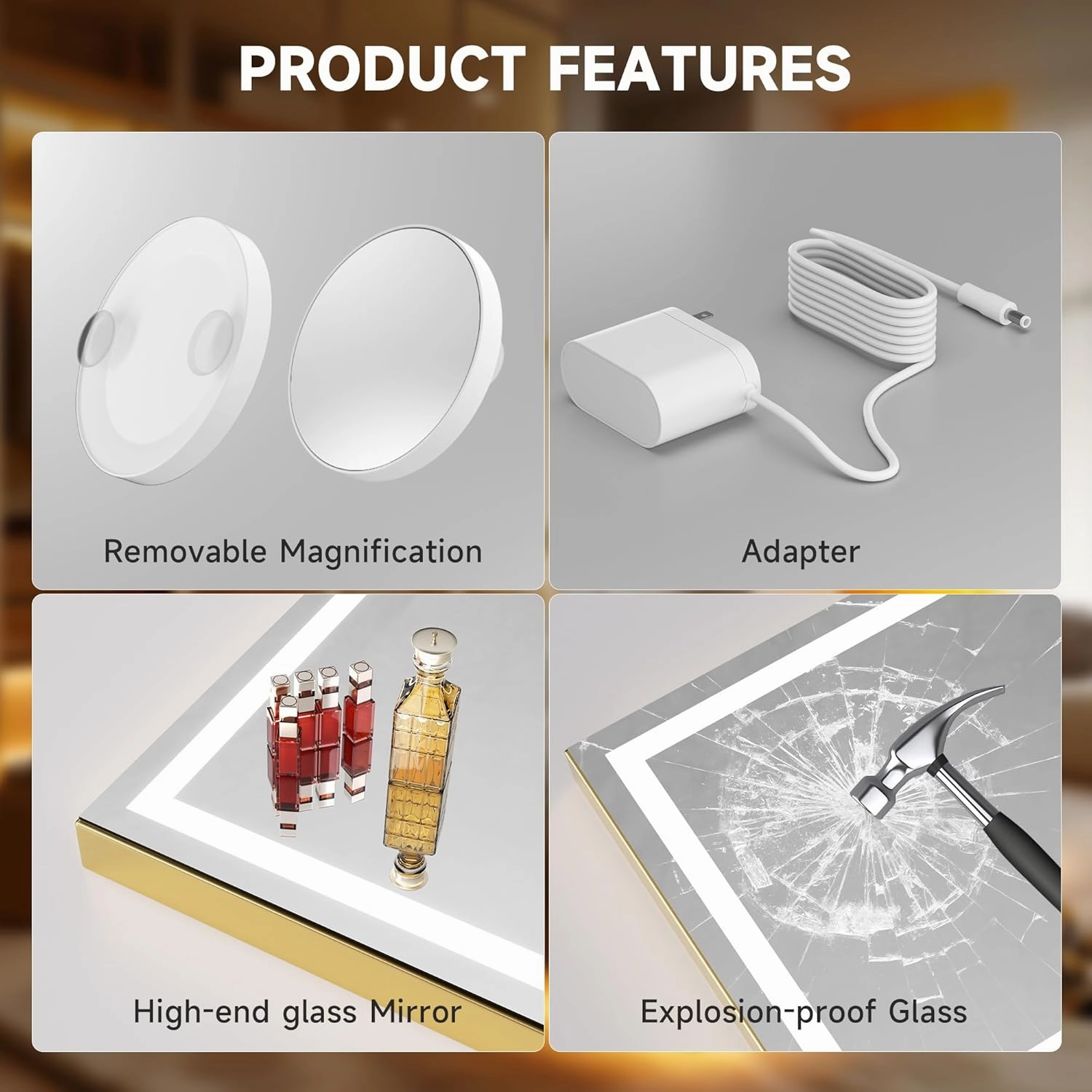 Hasipu Vanity Mirror with Lights, 28" x 20" LED Makeup Mirror, Lighted Makeup Mirror with Dimmable 3 Modes, Touch Screen Control Vanity Mirror Square Gold