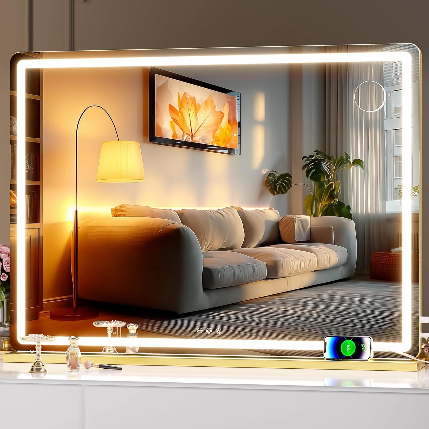 Hasipu Vanity Mirror with Lights, 39.4" x 30" LED Makeup Mirror, Lighted Makeup Mirror with Dimmable 3 Modes, Touch Screen Control Vanity Mirror Round Gold