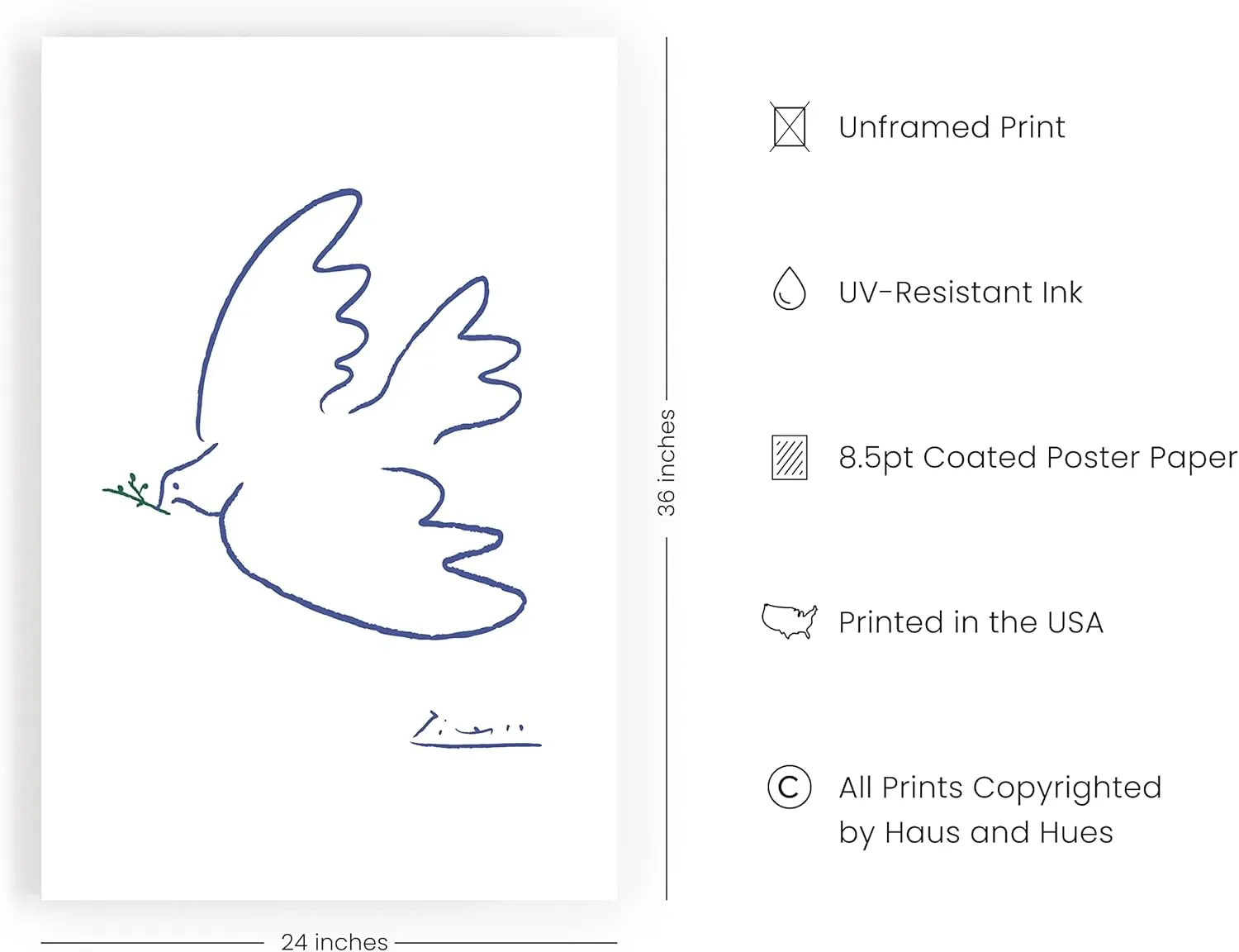 HAUS AND HUES Dove of Peace Picasso Wall Art - Pablo Picasso Line Drawing Artwork, Modern Dove Poster, Classic Print for Living Room, Kitchen, and Office Walls (Beige Frame, 24x36)