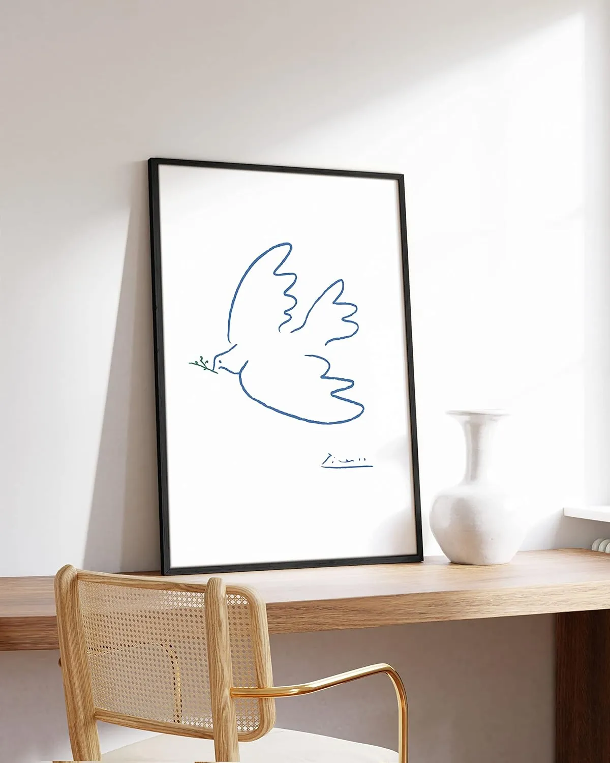 HAUS AND HUES Dove of Peace Picasso Wall Art - Pablo Picasso Line Drawing Artwork, Modern Dove Poster, Classic Print for Living Room, Kitchen, and Office Walls (Beige Frame, 24x36)