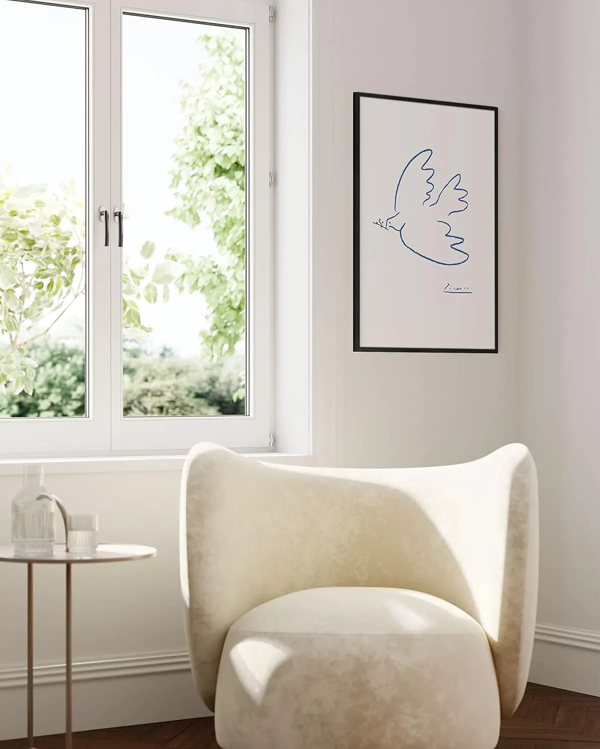 HAUS AND HUES Dove of Peace Picasso Wall Art - Pablo Picasso Line Drawing Artwork, Modern Dove Poster, Classic Print for Living Room, Kitchen, and Office Walls (Beige Frame, 24x36)