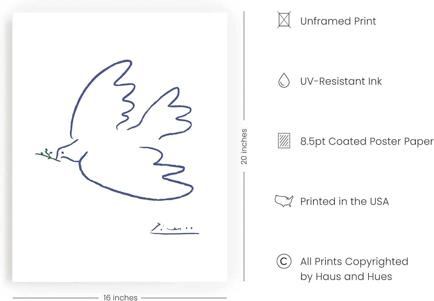HAUS AND HUES Dove of Peace Picasso Wall Art - Pablo Picasso Line Drawing Artwork, Modern Dove Poster, Classic Print for Living Room, Kitchen, and Office Walls (Black Frame, 16x20)