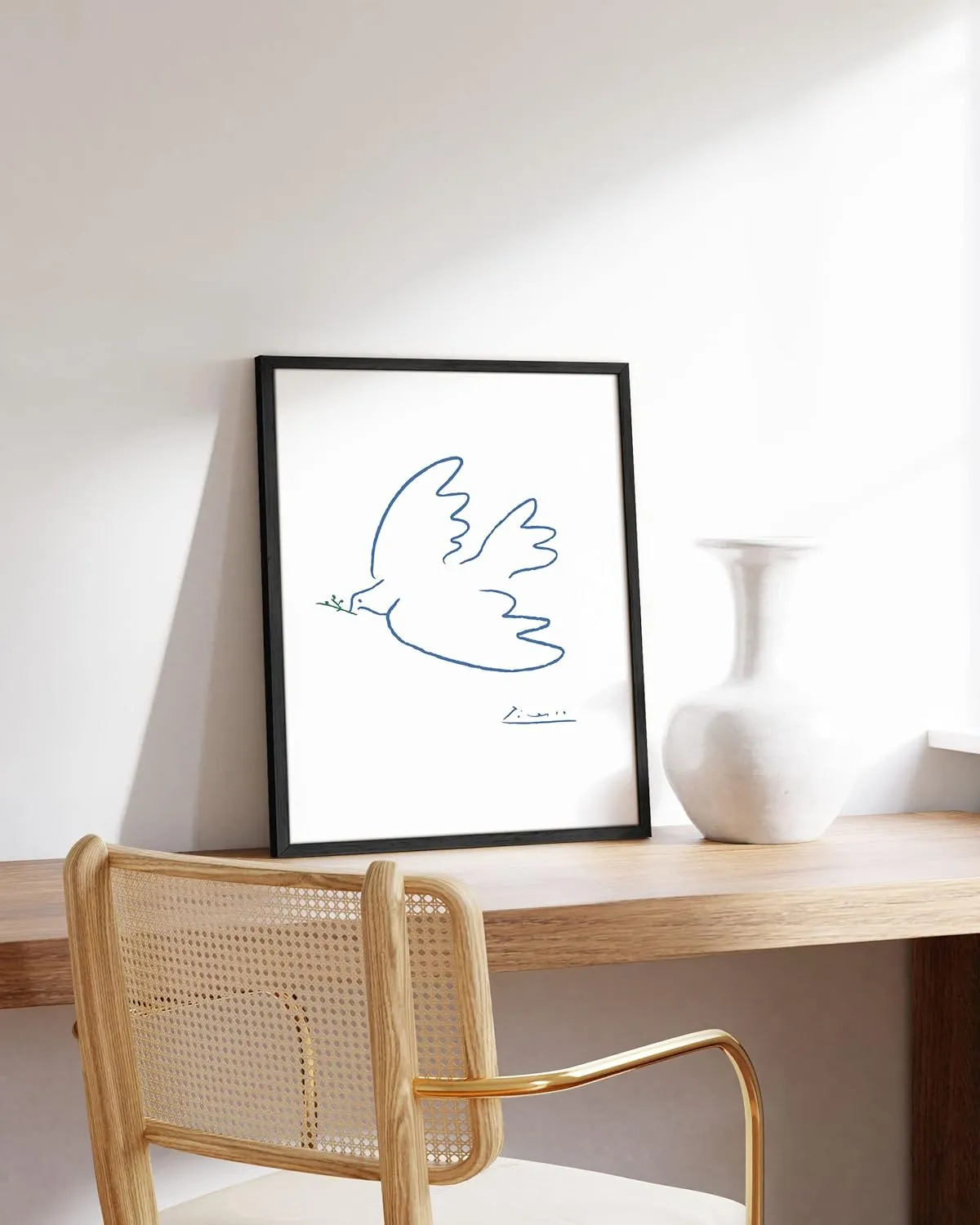 HAUS AND HUES Dove of Peace Picasso Wall Art - Pablo Picasso Line Drawing Artwork, Modern Dove Poster, Classic Print for Living Room, Kitchen, and Office Walls (Black Frame, 16x20)