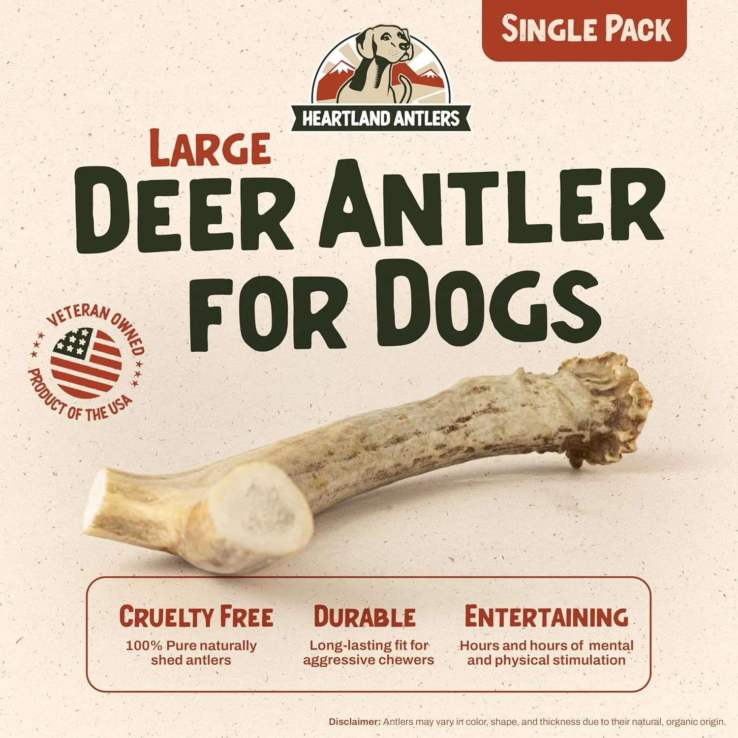 Heartland Deer Antlers for Dogs (Large, 6–8", 1-Pack) – Grade A, Naturally Shed | Long-Lasting, Odor-Free Chew Toy for Aggressive Chewers & Puppies | Splinter-Free | USA Made & Veteran Owned
