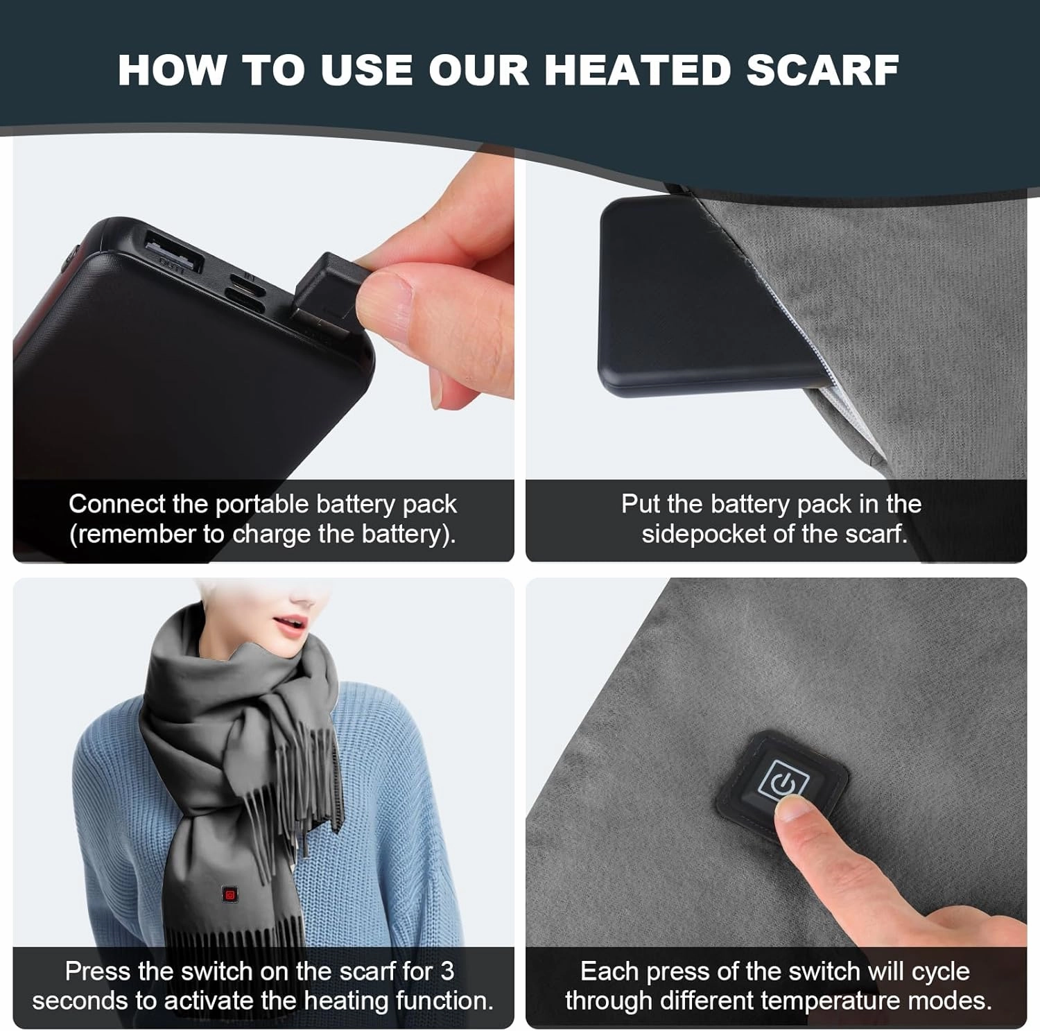 Heated Scarf for Women Men Rechargeable Heated Scarves Blanket with Battery Pack Neck Heating Pad Electric Scarf Heated