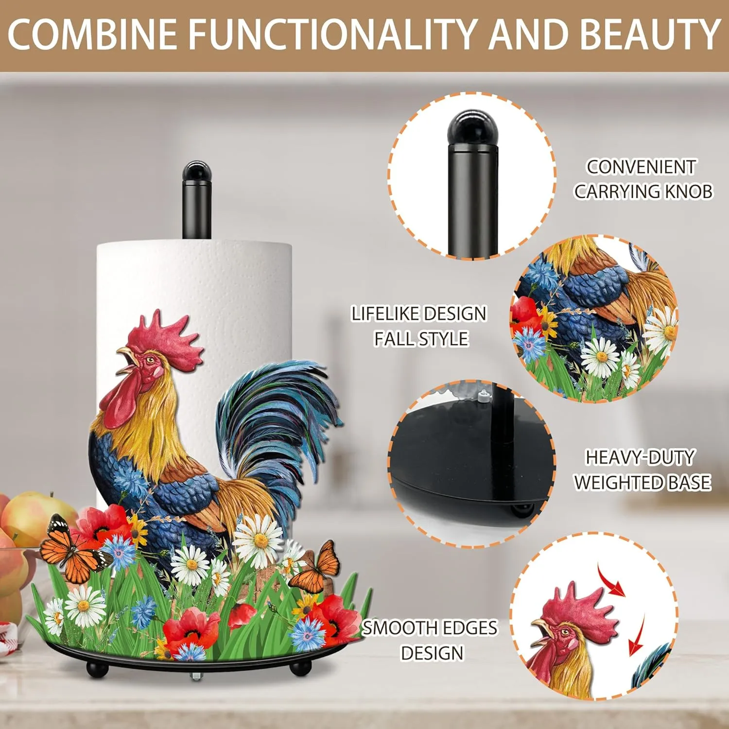 Hexagram Rooster Decor Rooster Kitchen Decor Bathroom Decorations Rustic Home Gifts Farmhouse Paper Towel Holder Countertop Standing Cute Chicken Kitchen Decorations Gifts for Housewarming
