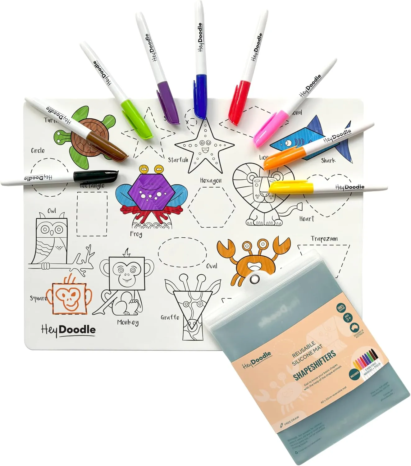 Hey Doodle Shape Shifters Classic Doodle Mat – Reusable Silicone Drawing Mat for Toddlers and Kids – Educational Shape & Animal Activity Pad with 9 Markers – Mess-Free Travel Toy – Ages 3-7