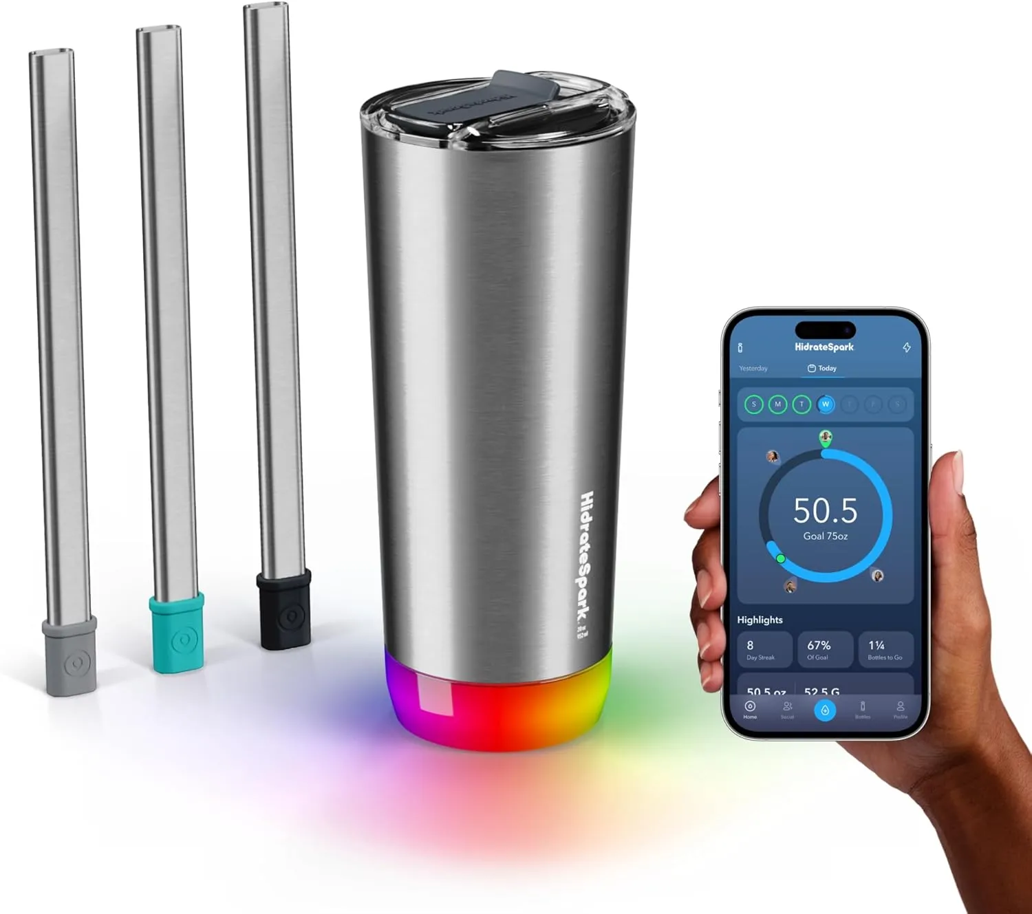 HidrateSpark PRO Smart Tumbler Bundle – Insulated Stainless Steel – Tracks Water Intake with Bluetooth, LED Glow Reminder When You Need to Drink – 20oz, Brushed Stainless Steel   3 Straws