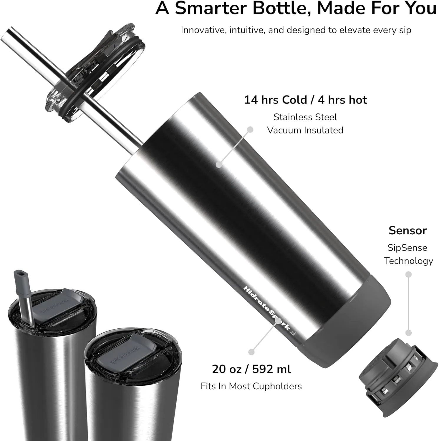 HidrateSpark PRO Smart Tumbler Bundle – Insulated Stainless Steel – Tracks Water Intake with Bluetooth, LED Glow Reminder When You Need to Drink – 20oz, Brushed Stainless Steel   3 Straws