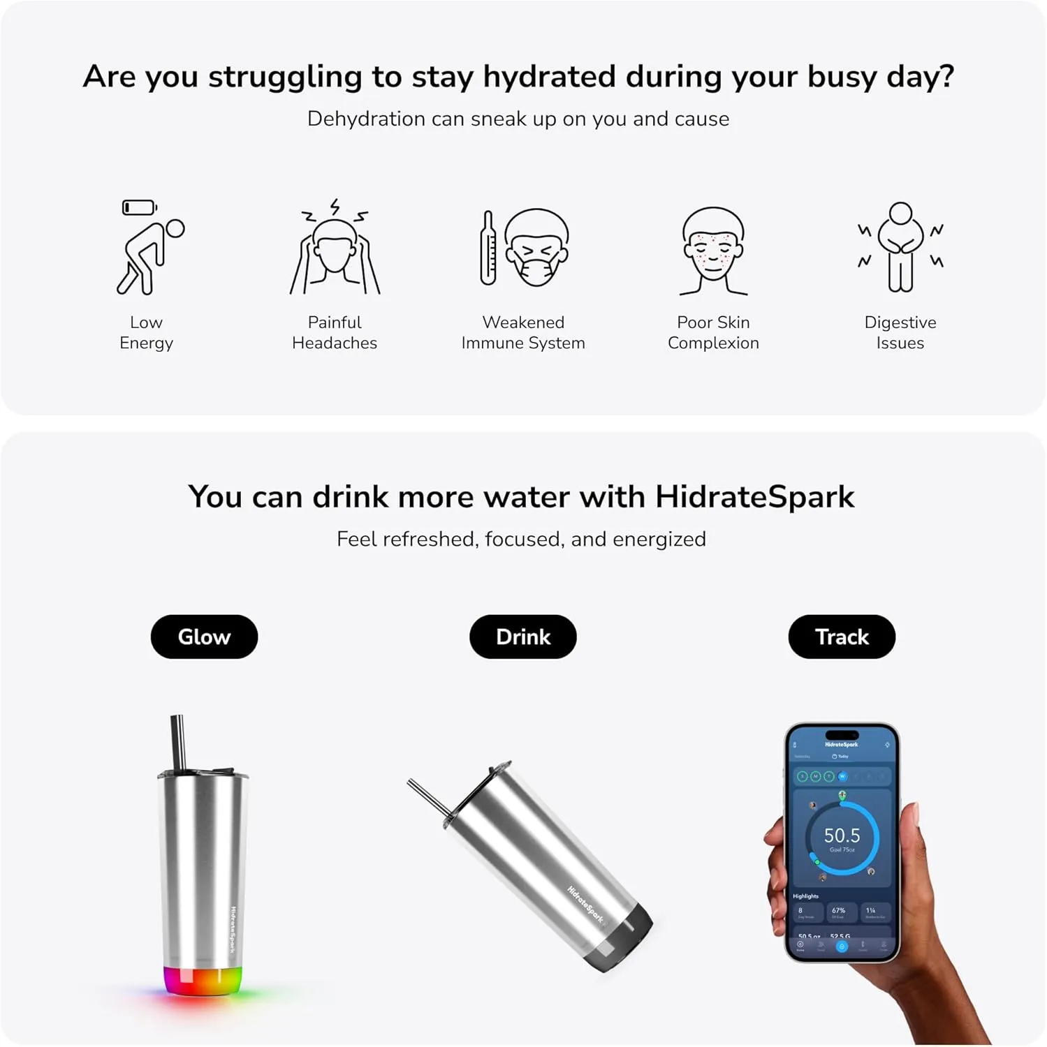 HidrateSpark PRO Smart Tumbler Bundle – Insulated Stainless Steel – Tracks Water Intake with Bluetooth, LED Glow Reminder When You Need to Drink – 20oz, Brushed Stainless Steel   3 Straws