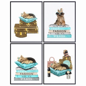 High Fashion Glam Wall Art - Luxury Designer Haute couture Blue Room Home Decor - Yorkie Yorkshire Terrier Home decoration - Cute Dog Lover Gift for Woman Girl Teens - Puppy Decor