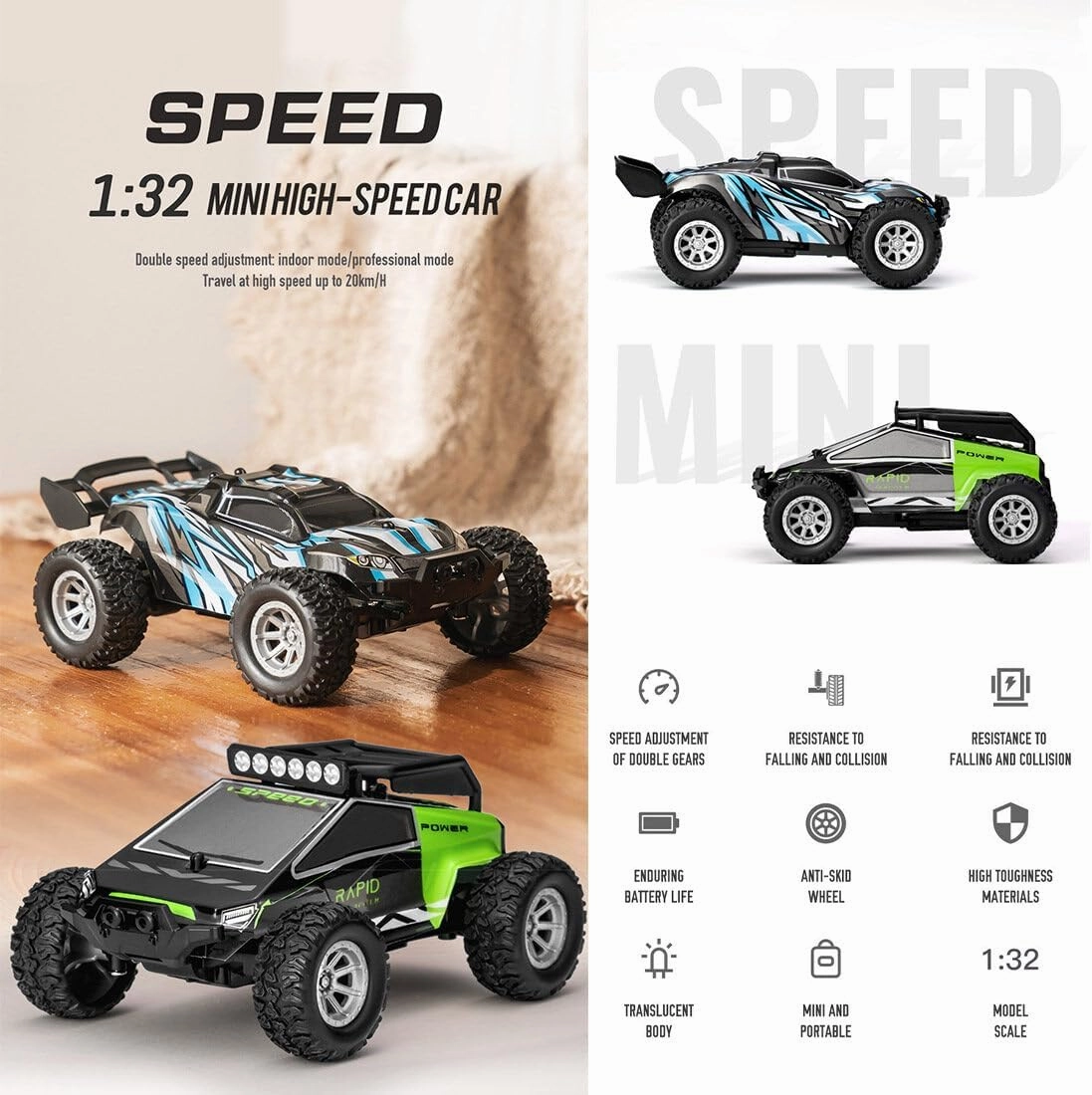 High-Speed RC Mini Electric Drift Off-Road Vehicle Model, 1/32 2.4G Electric Vehicle Model with Wireless Remote Control and Realistic Design, for Adults (RTR Version/Blue), Medium