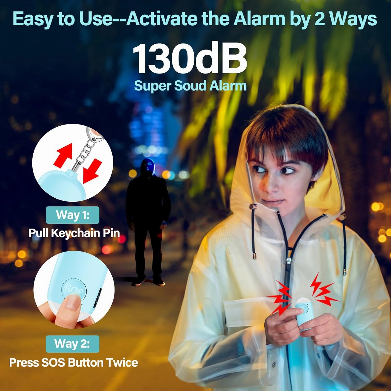 Hion Personal Safety Alarms for Women, 3 Pack Rechargeable 130dB Self Defense Alarm Keychain with LED Flashlight, Emergency Safe Sound Security Alarm for Kids Elderly College Girls(White Pink Blue)