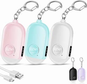 Hion Personal Safety Alarms for Women, 3 Pack Rechargeable 130dB Self Defense Alarm Keychain with LED Flashlight, Emergency Safe Sound Security Alarm for Kids Elderly College Girls(White Pink Blue)