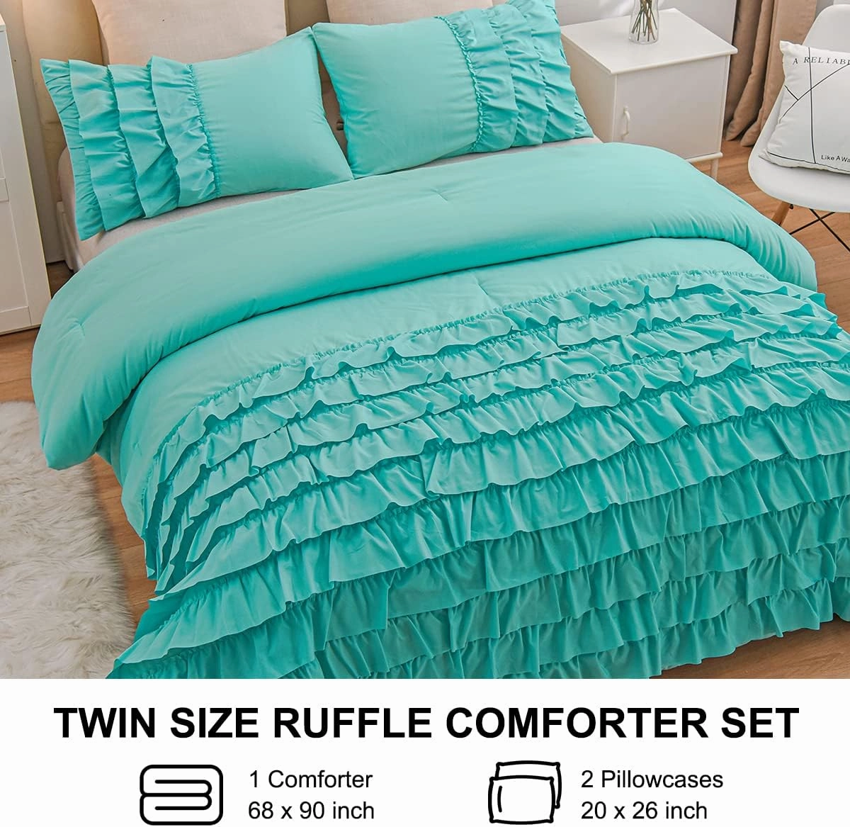 Holawakaka Aqua Waterfall Ruffle Comforter Set Twin Size Multi-Layers Ruffled Shabby Chic 3PCS Bedding Set for Girls Women
