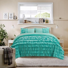 Holawakaka Aqua Waterfall Ruffle Comforter Set Twin Size Multi-Layers Ruffled Shabby Chic 3PCS Bedding Set for Girls Women