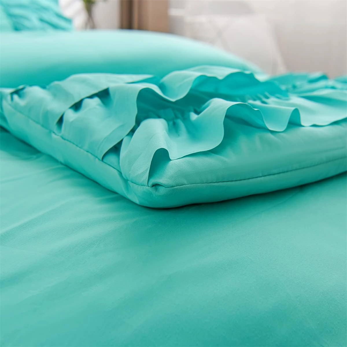 Holawakaka Aqua Waterfall Ruffle Comforter Set Twin Size Multi-Layers Ruffled Shabby Chic 3PCS Bedding Set for Girls Women