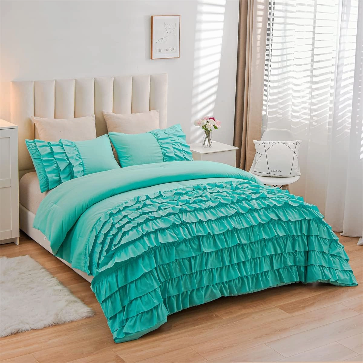 Holawakaka Aqua Waterfall Ruffle Comforter Set Twin Size Multi-Layers Ruffled Shabby Chic 3PCS Bedding Set for Girls Women