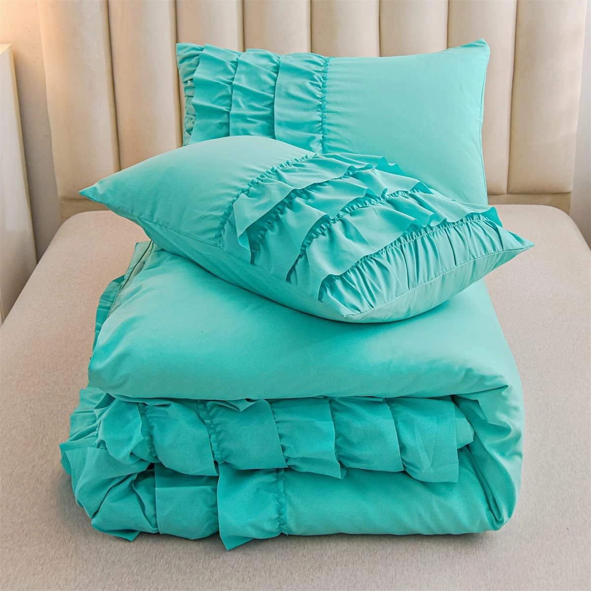 Holawakaka Aqua Waterfall Ruffle Comforter Set Twin Size Multi-Layers Ruffled Shabby Chic 3PCS Bedding Set for Girls Women