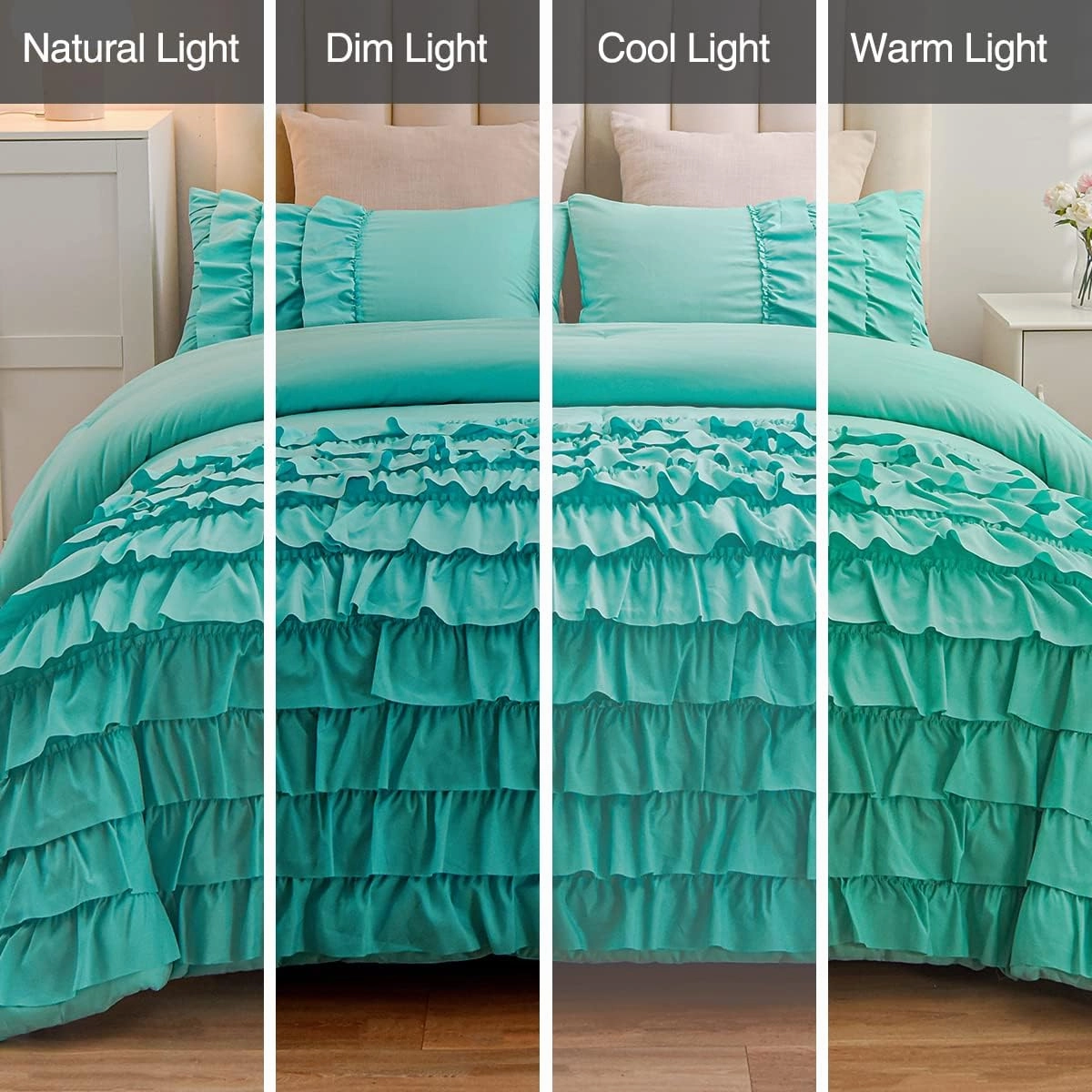 Holawakaka Aqua Waterfall Ruffle Comforter Set Twin Size Multi-Layers Ruffled Shabby Chic 3PCS Bedding Set for Girls Women