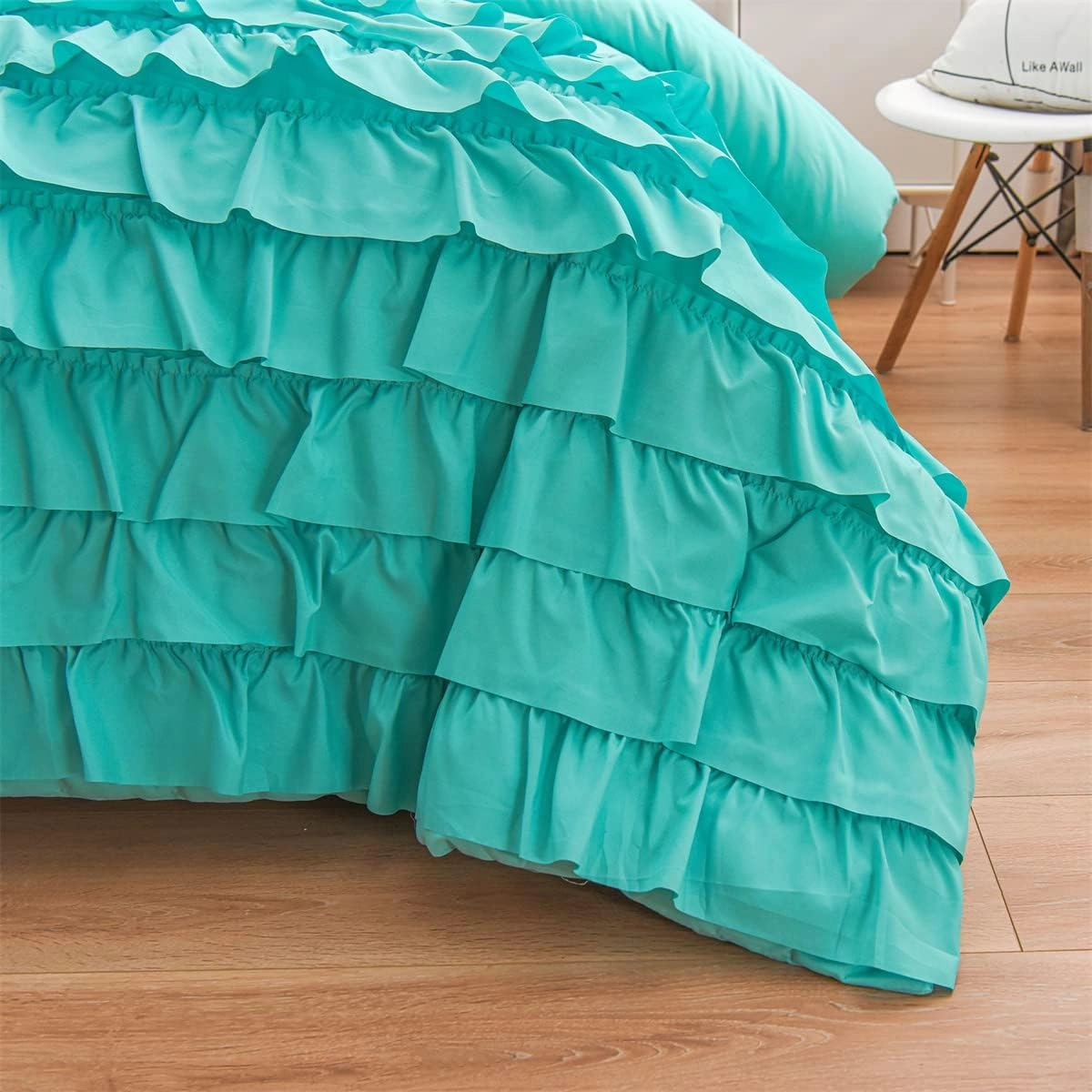 Holawakaka Aqua Waterfall Ruffle Comforter Set Twin Size Multi-Layers Ruffled Shabby Chic 3PCS Bedding Set for Girls Women