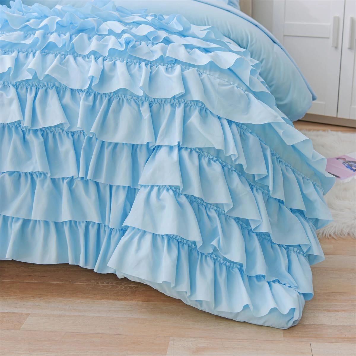 Holawakaka Light Blue Waterfall Ruffle Comforter Set Twin Size Multi-Layers Ruffled Shabby Chic 3PCS Bedding Set for Girls Women